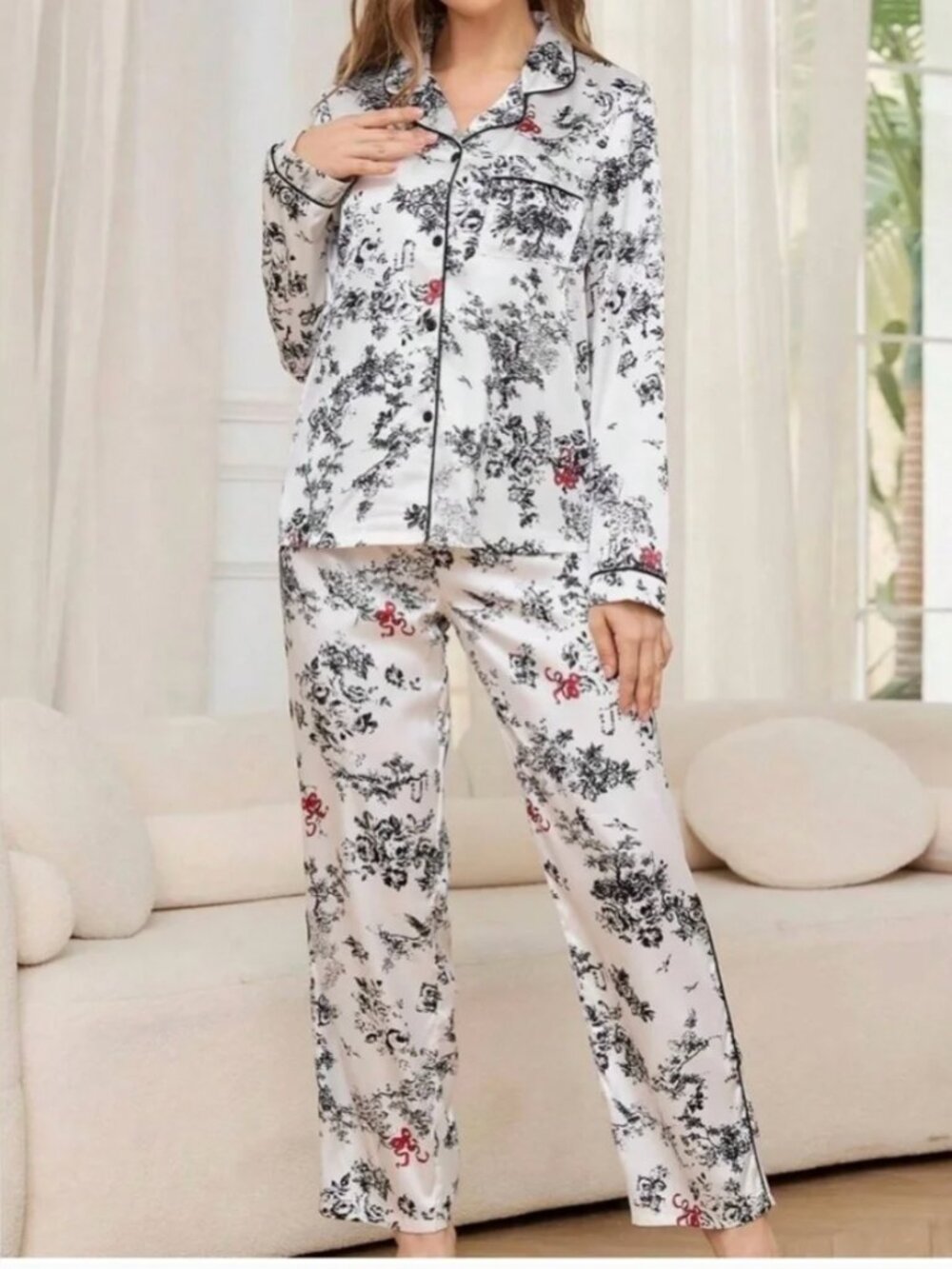 Victoria's Secret White Flower Red Bow Satin Pajama Set Large/Long NWT